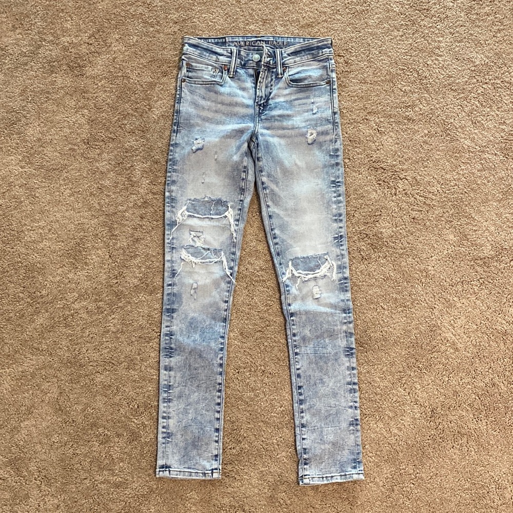 American Eagle AirFlex 360 patch skinny jeans.